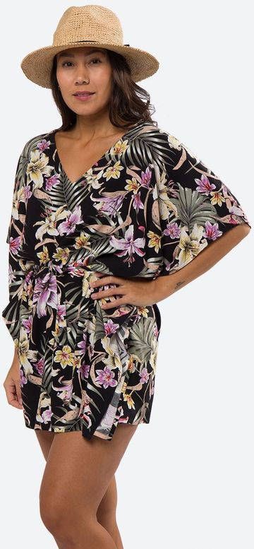 O'Neill jurk met all over print en vleermuismouwen zwart/roze/geel