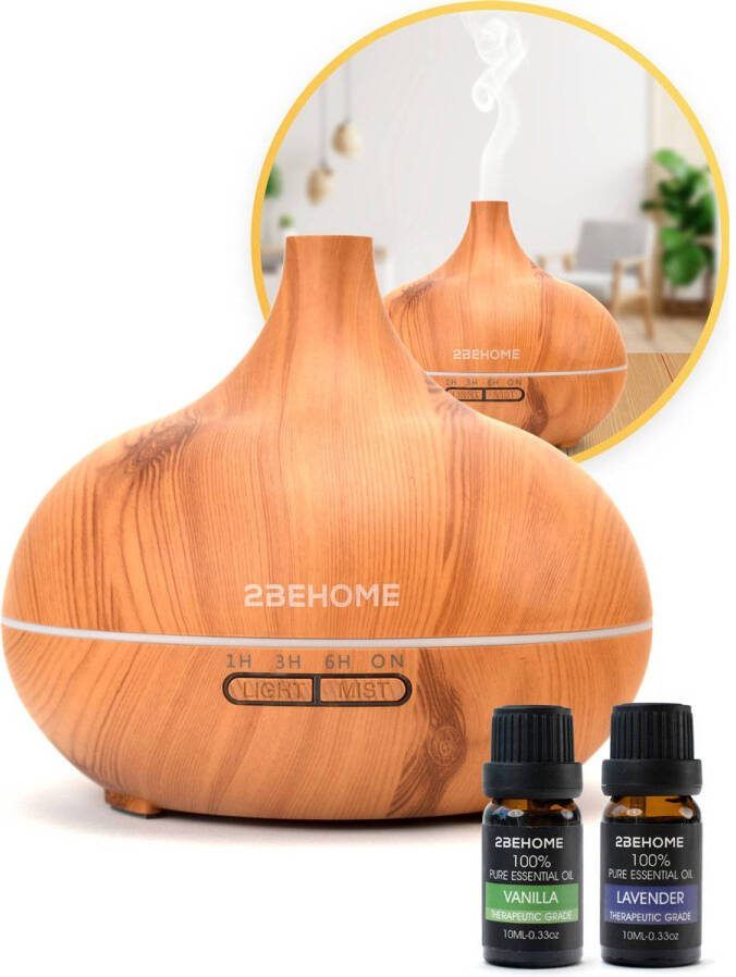2BEHOME Aroma Diffuser 550ml Met Afstandsbediening + 2 Gratis Etherische Olie Lichte Houtlook 7 Led Kleuren