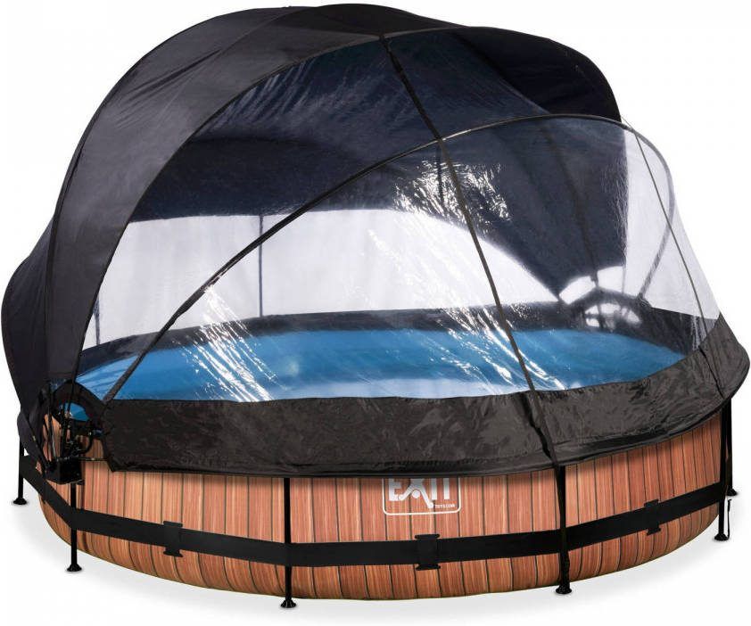 EXIT Toys Exit Wood Zwembad ø360x76cm Met Filterpomp En Overkapping En Schaduwdoek Bruin