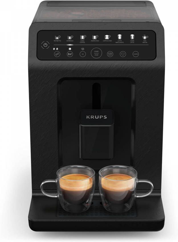 Krups Volautomatisch koffiezetapparaat EA897B Evidence ECOdesign, van 62%* gerecyclede kunststof en tot 90% recyclebaar, automatische espresso en cappuccino functie, quattro force technologie, one touch kopjes met melk, 8 voorinstellingen, melksysteem, zwart