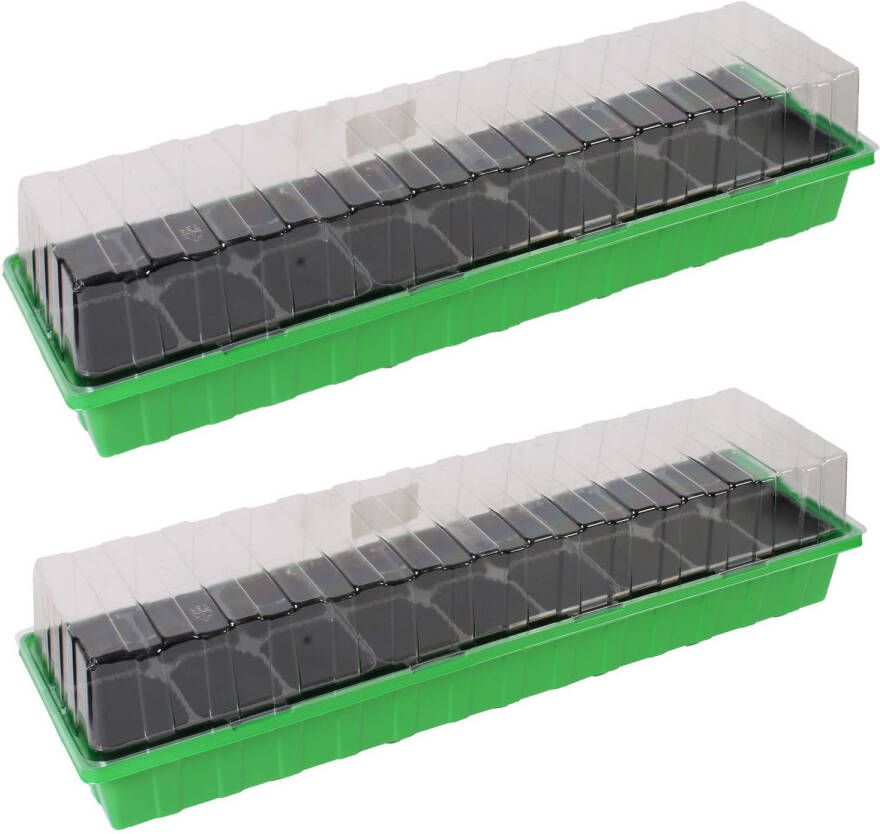 Merkloos 2x Stuks Kweekbakjes/kweekkastjes Met Deksel 8 X 54 X 15 Cm Inclusief Tray Met 18 Kweekpotjes Per Kweekbak