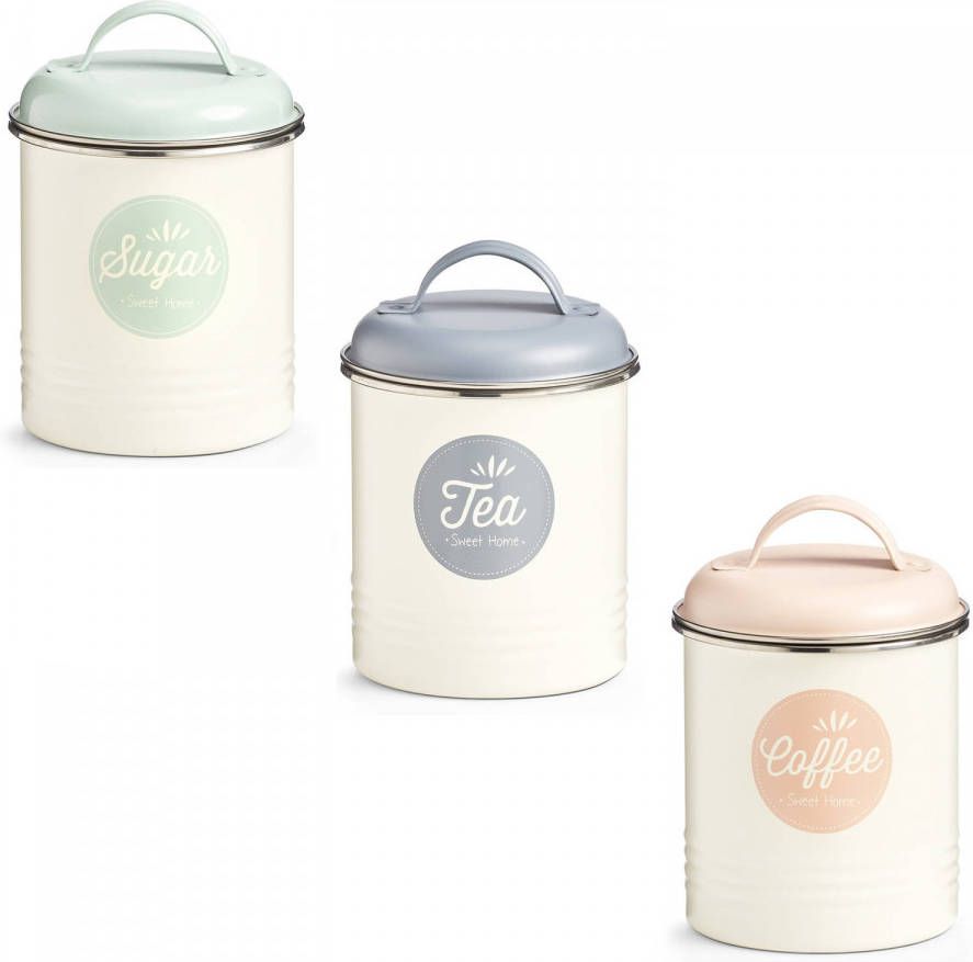 Zeller Witte Bewaar/voorraad Blikken 3 Stuks Voor Suiker/thee/koffie 11 X 16 Cm 2 Liter Voorraadblikken