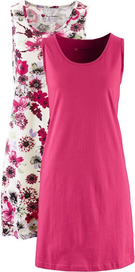 bpc bonprix collection Jersey jurk (set van 2), wolwit gebloemd+effen bessenrood