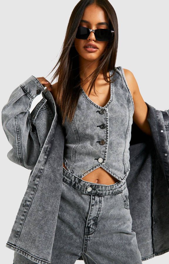 boohoo Acid Wash Gebleekte Denim Corset Top, Grey