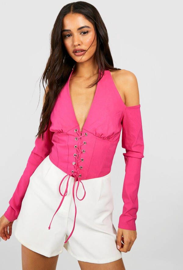 boohoo Bengaline Halter Corset Top Met Veters, Pink