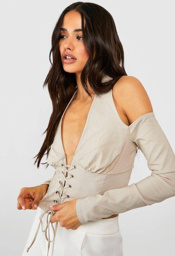 boohoo Bengaline Halter Corset Top Met Veters, Stone