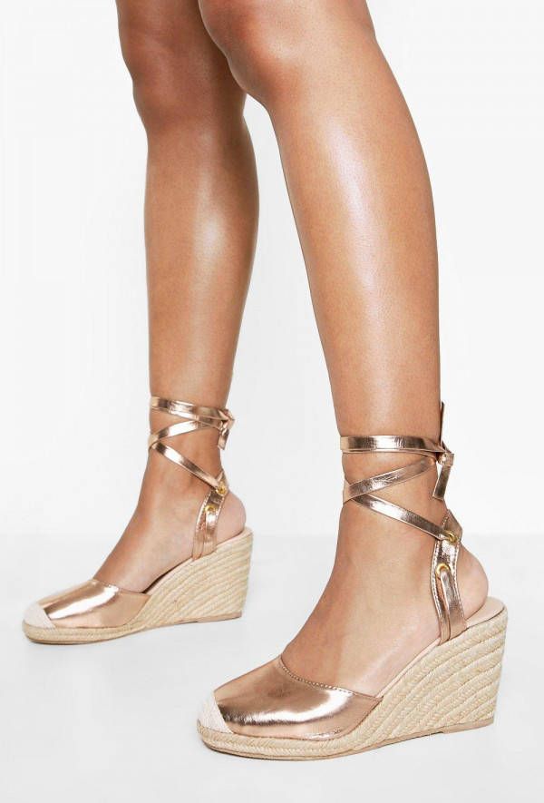 boohoo Brede Espadrille Sleehakken Met Bandjes, Rose Gold