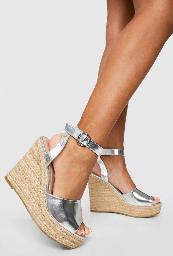 boohoo Brede Metallic Espadrille Sleehakken Met Open Neus, Silver