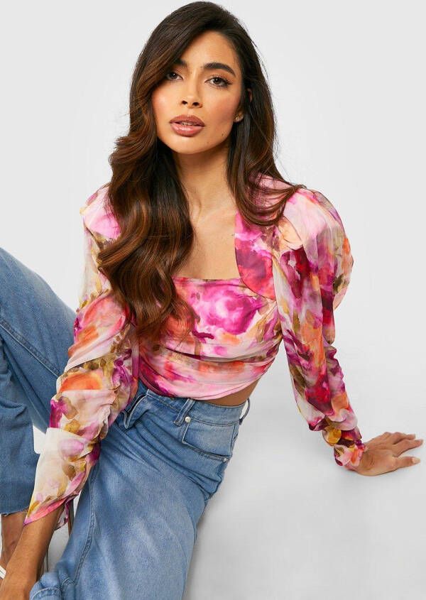 boohoo Chiffon Corset Top Met Print En Lange Mouwen, Pink