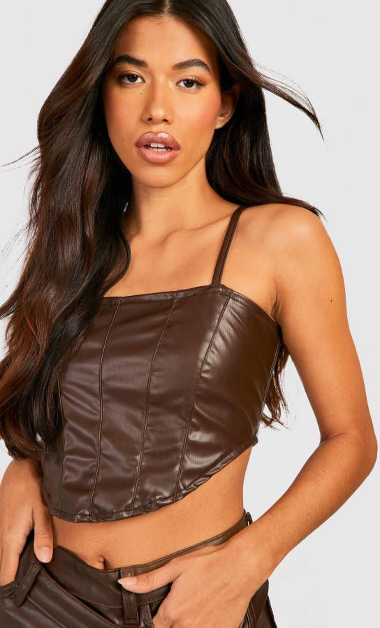 boohoo Corset Crop Top Met Pu Bandjes, Chocolate