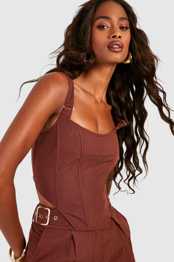 boohoo Corset Top Met Gesp En Naad Detail, Chocolate
