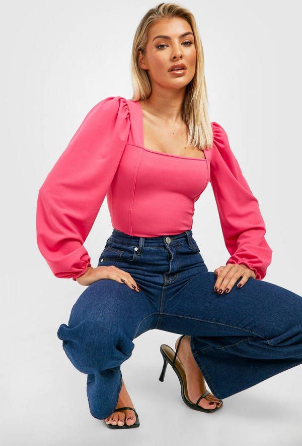 boohoo Corset Top Met Lange Mouwen, Hot Pink
