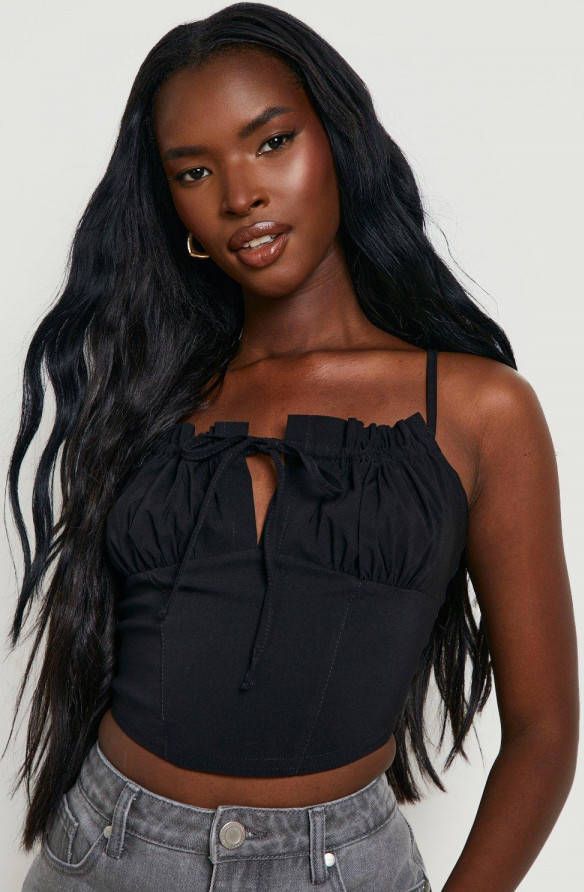 boohoo Corset Top Met Strik En Geplooide Buste, Black
