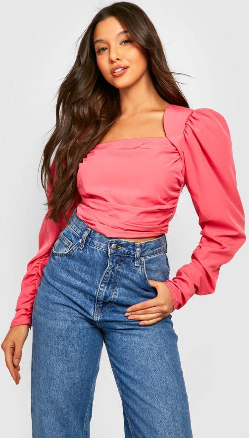 boohoo Corset Top Met Volle Mouwen En Vierkante Hals, Pink