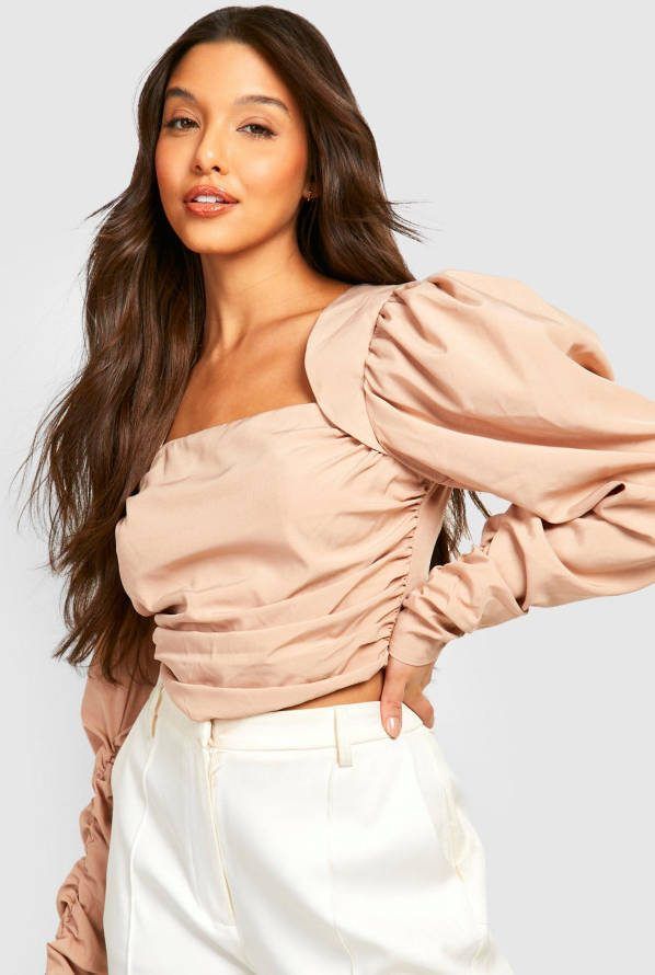 boohoo Corset Top Met Volle Mouwen En Vierkante Hals, Stone