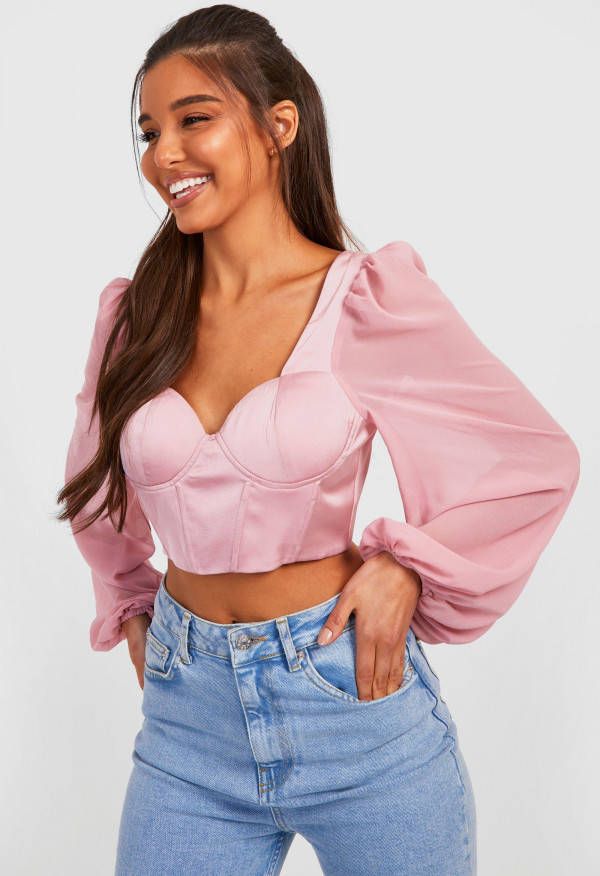 boohoo Crop Corset Top Met Ballonmouwen En Cup Detail, Dusty Rose