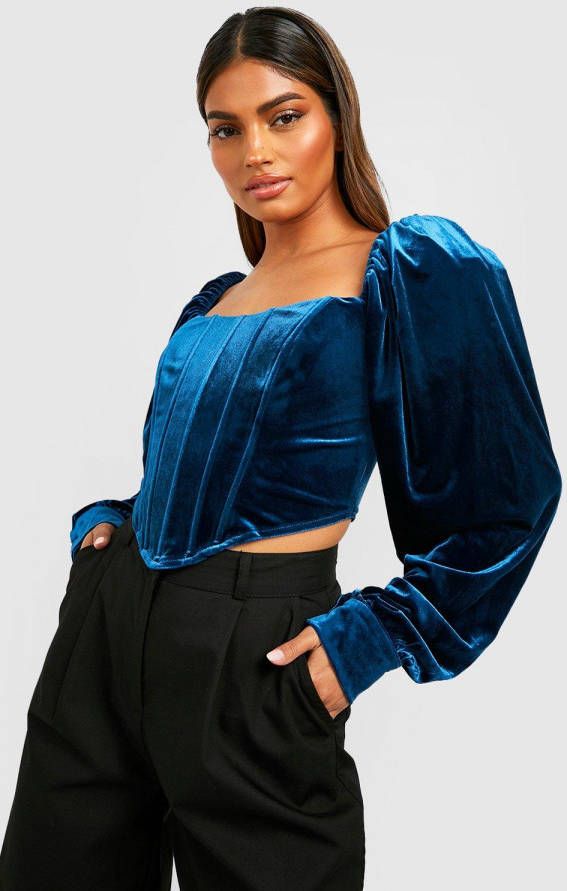 boohoo Fluwelen Corset Top Met Volle Mouwen, Teal