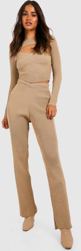 boohoo Gebreide Corset Top En Wide Leg Broek Set, Stone