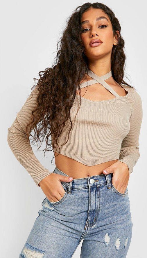 boohoo Gebreide Geribbelde Two Tone Corset Trui, Stone