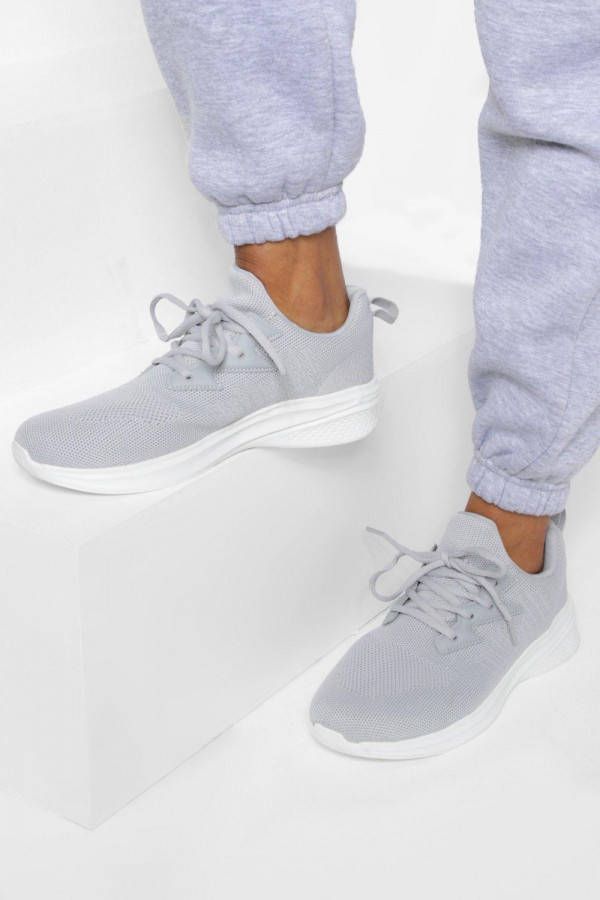 boohoo Gebreide Sportschoenen Met Label, Grey