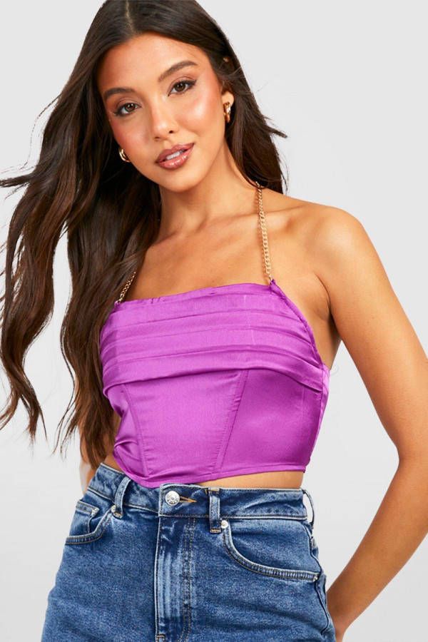 boohoo Gedrapeerde Corset Top Met Ketting Bandjes, Purple