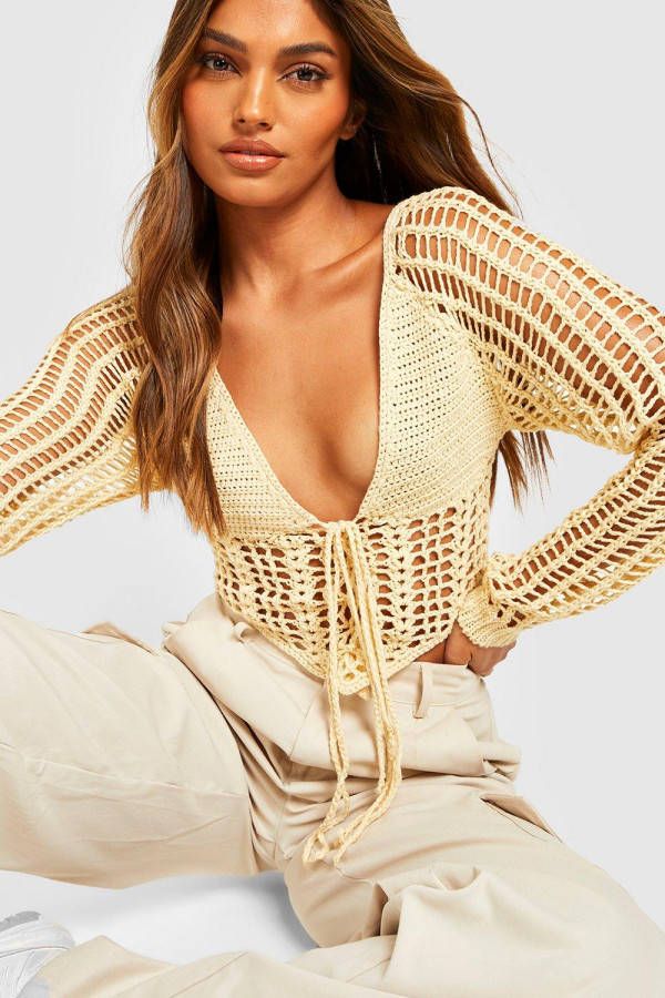 boohoo Gehaakte Halter Corset Top Met Veters, Ecru