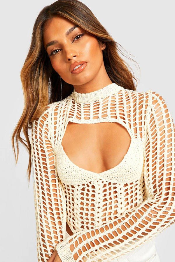 boohoo Gehaakte Overlay Corset Top, Cream