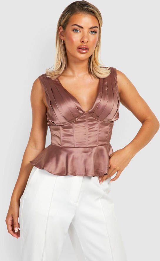 boohoo Geplooide Peplum Corset Top, Chocolate
