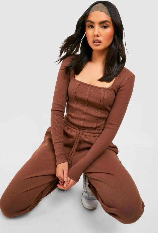 boohoo Geribbelde Corset Top En Joggingbroek Set, Chocolate