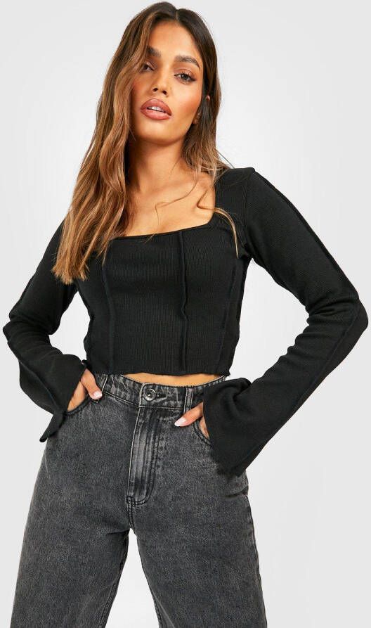 boohoo Geribbelde Corset Top Met Naaddetail En Wijde Mouwen, Black