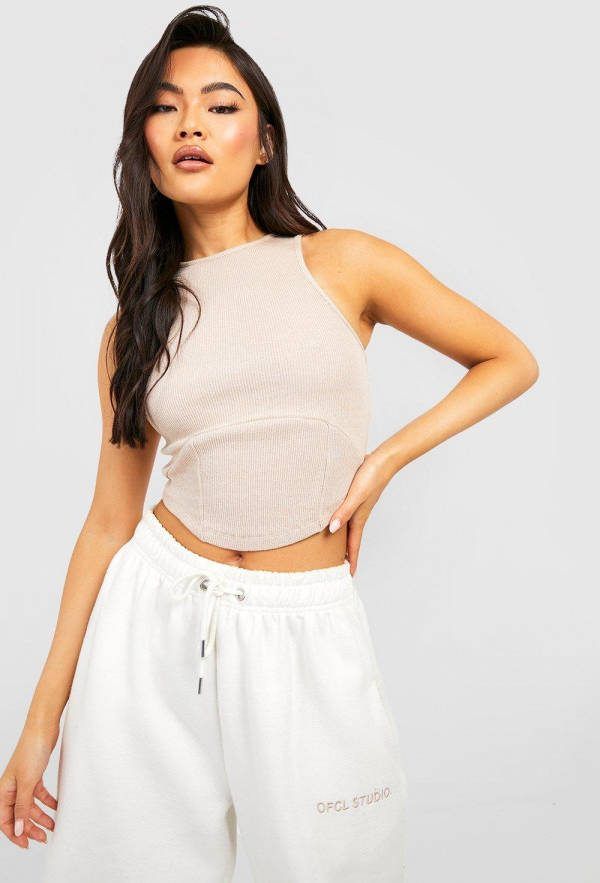 boohoo Geribbelde Crop Top Met Korset Zoom En Racer Hals, Stone