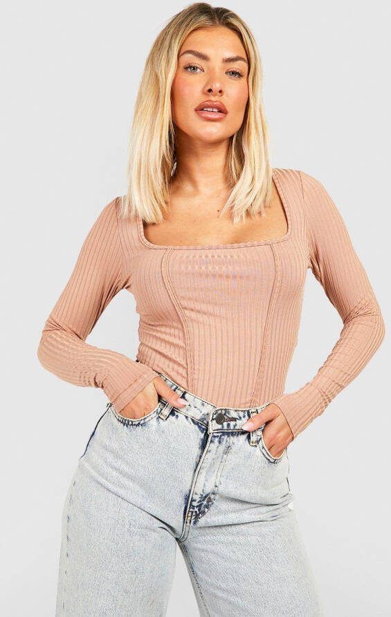 boohoo Geribbelde Long Line Corset Top, Stone