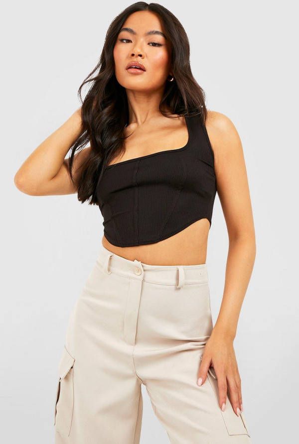 boohoo Geribbelde Witte Corset Top Met Brede Bandjes En Vierkante Hals, Chocolate