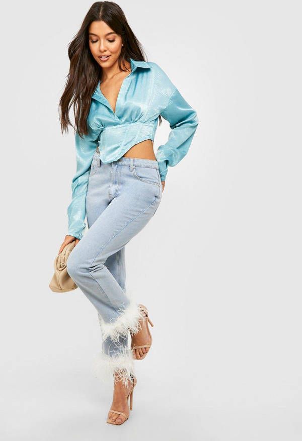 boohoo Glimmende Blouse Met Korset Detail, Aqua