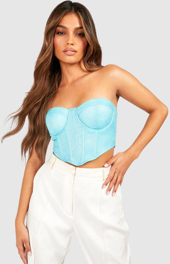 boohoo Glitter Corset Top, Aqua