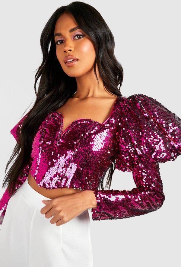 boohoo Glitter Corset Top Met Pailletten En Pofmouwen, Hot Pink