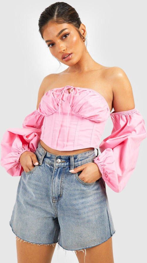 boohoo Katoenen Poplin Off Shoulder Corset Top Met Pofmouwen, Hot Pink