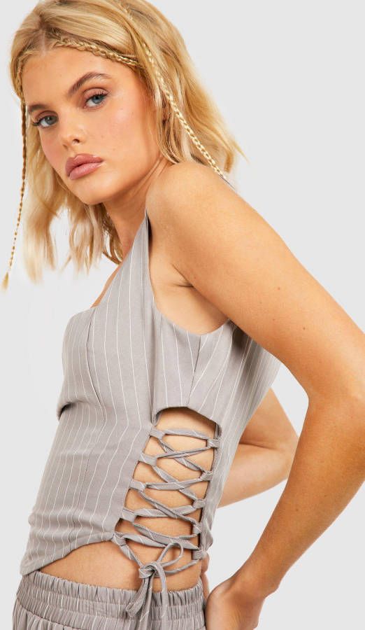 boohoo Korset Met Krijtstrepen En Veters, Taupe