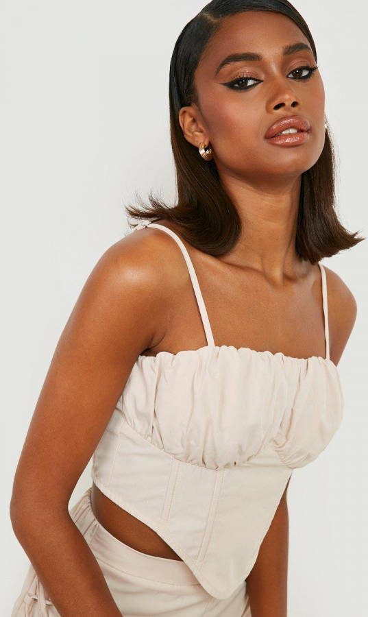 boohoo Korset Met Rug Veters En Geplooide Cups, Stone