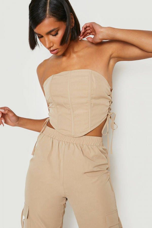 boohoo Korset Met Veters En Naaddetail, Sand