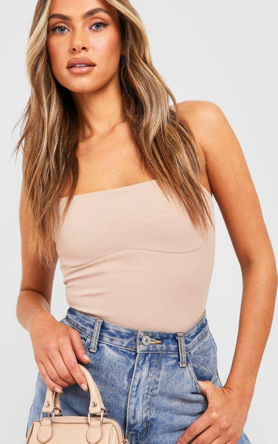 boohoo Long Line Corset Top Met Bandjes En Vierkante Hals, Stone