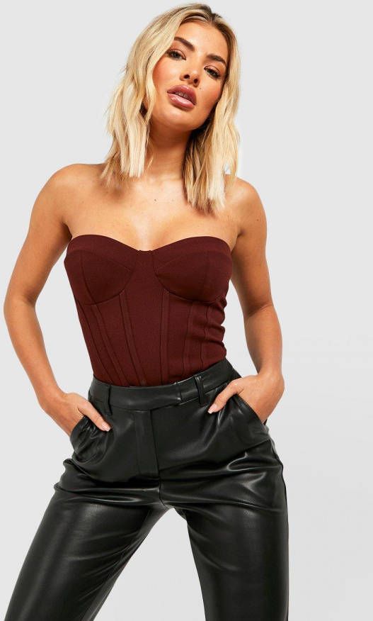 boohoo Long Line Korset Top Met Naaddetail, Chocolate
