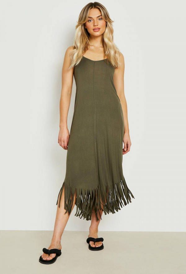 boohoo Maxi Jurk Met Bandjes En Kwastjes, Khaki