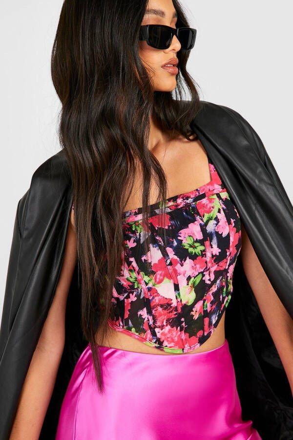 boohoo Mesh Bloemen Corset Top Met Vierkante Hals, Pink