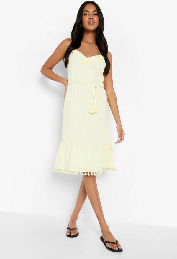 boohoo Midi Skater Jurk Met Textuur, Kwastjes En Bandjes, Lemon