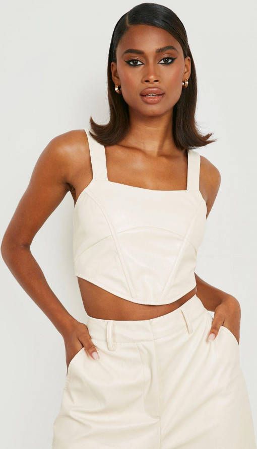 boohoo Nepleren Korset Met Vierkante Hals En Ronde Zoom, Ecru