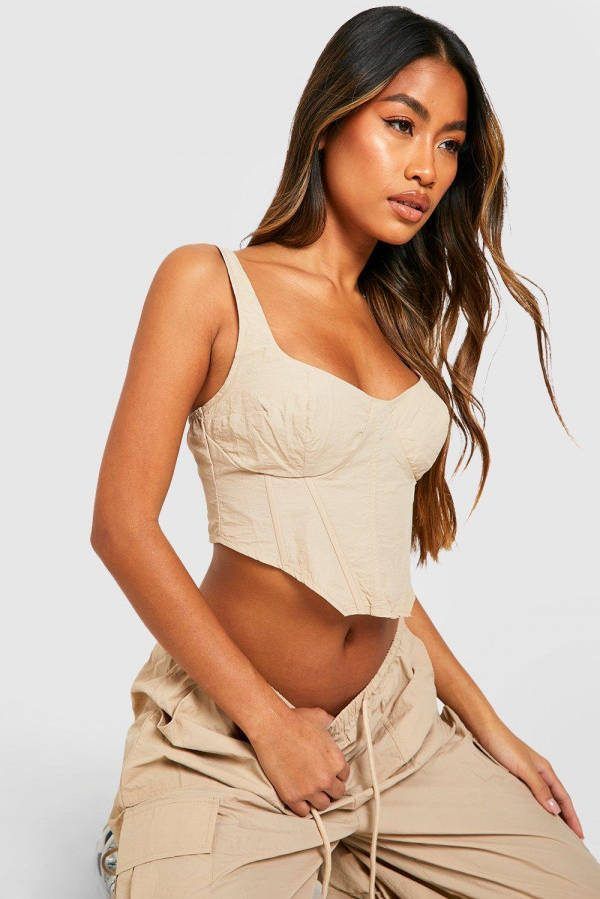 boohoo Nylon Corset Crop Top, Stone