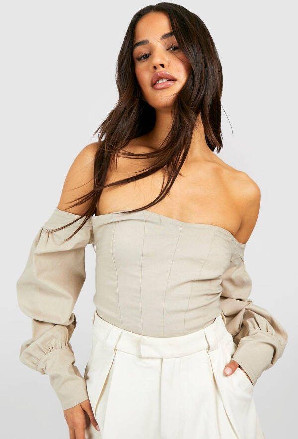boohoo Off Shoulder Bengaline Corset Top, Stone