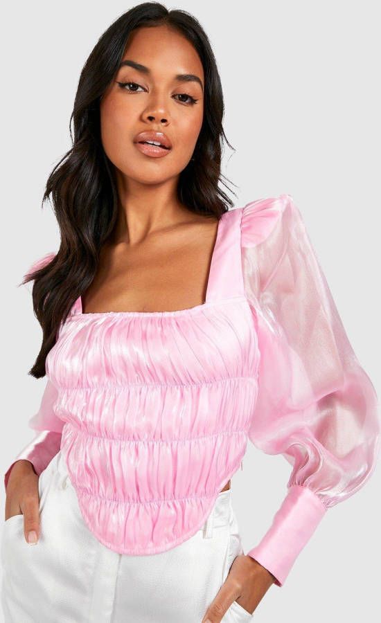 boohoo Organza Korset Met Vierkante Hals En Lange Mouwen, Pink