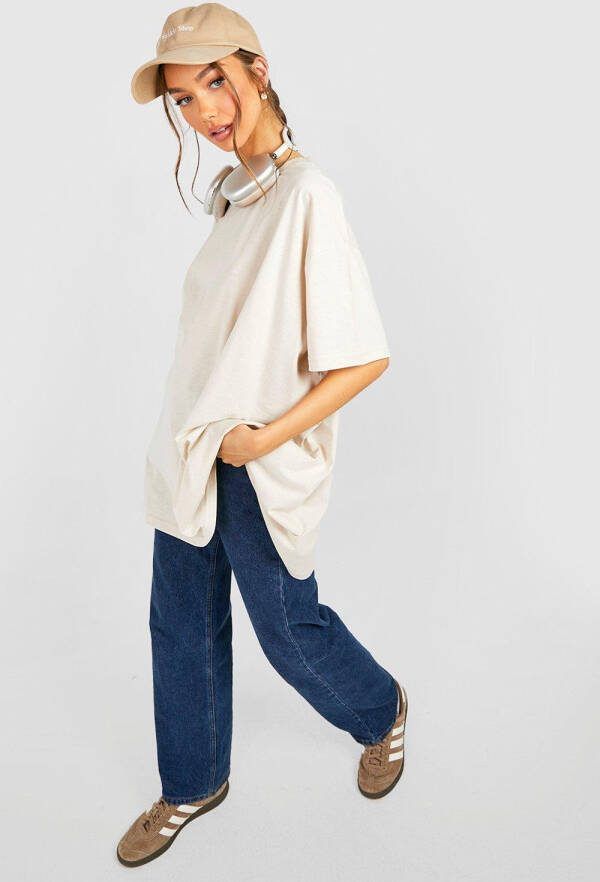 boohoo Oversized Basic Katoenen T Shirt Met Crewneck, Stone